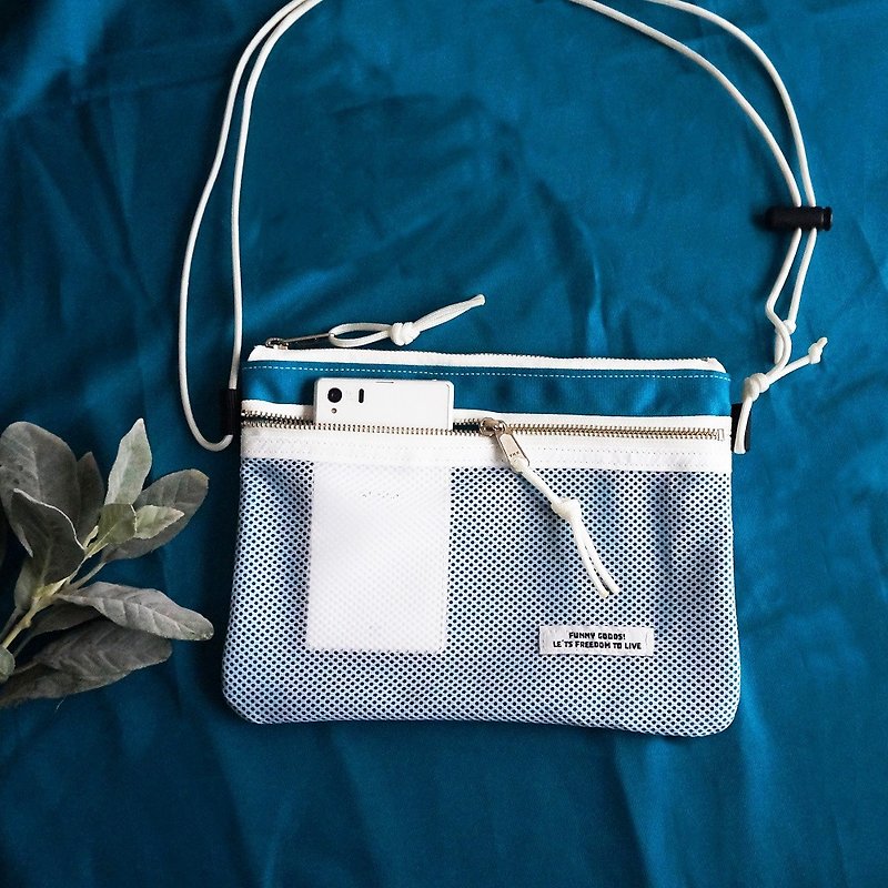 Turquoise Blue x White Mesh Double Zipper Sakosh Bag - Messenger Bags & Sling Bags - Cotton & Hemp Khaki