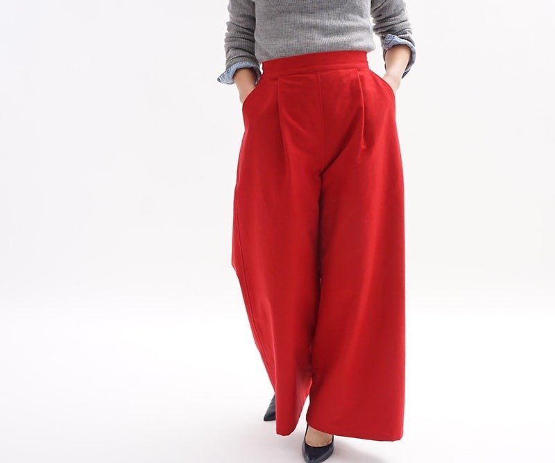 Smooth Cotton Wide Relax Pants, Elastic Waist, Belt Loop, with Pocket / Carmine Red bo2-11 - กางเกงขายาว - ผ้าฝ้าย/ผ้าลินิน สีแดง
