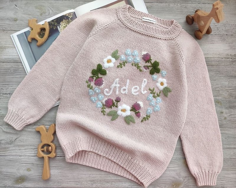 Personalized knitting handmade sweater with flower embroidery & baby girls name - Coats - Wool 