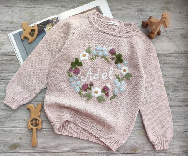 Personalized knitting handmade sweater with flower embroidery