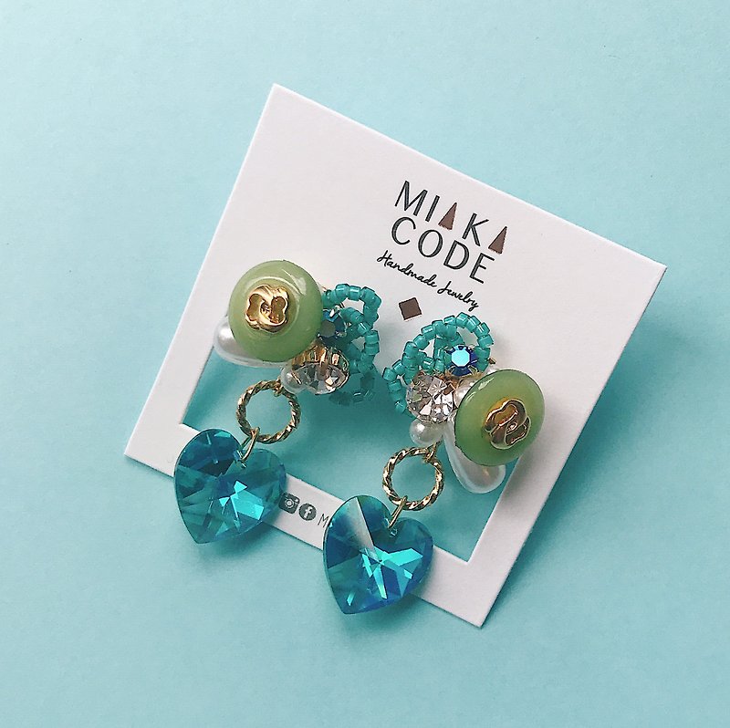 Dual purpose hand-beaded lake blue love ear pins/ Clip-On - Earrings & Clip-ons - Other Materials Blue