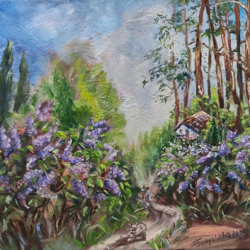 多彩的春天風景原畫盛開的丁香花步道花卉風景 - 壁貼/牆壁裝飾 - 其他材質 紫色