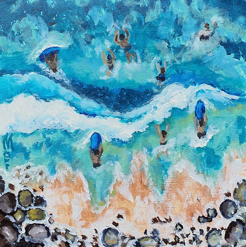 marina-fisher-art 海灘繪畫衝浪板亞克力原創藝術品游泳海海景鹹水