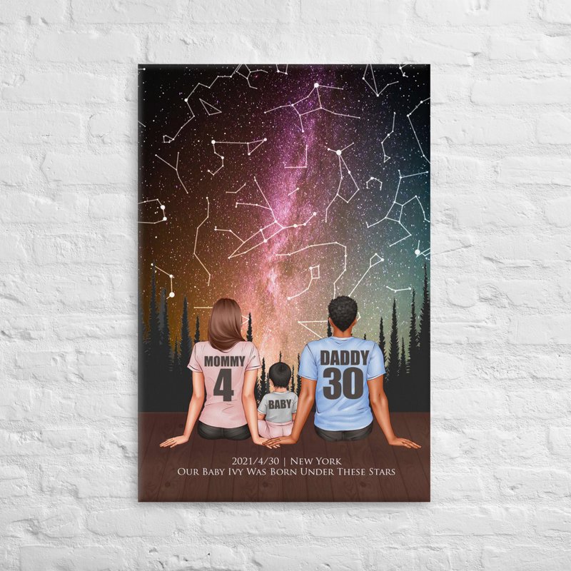 客製化寶寶誕生當天的真實星空家庭背影畫像家庭似顏繪油畫無框畫 - 壁貼/牆壁裝飾 - 棉．麻 粉紅色