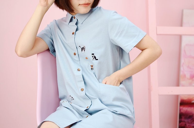 Shirt Dress (Cat Person) : Baby Blue - ชุดเดรส - งานปัก สีน้ำเงิน