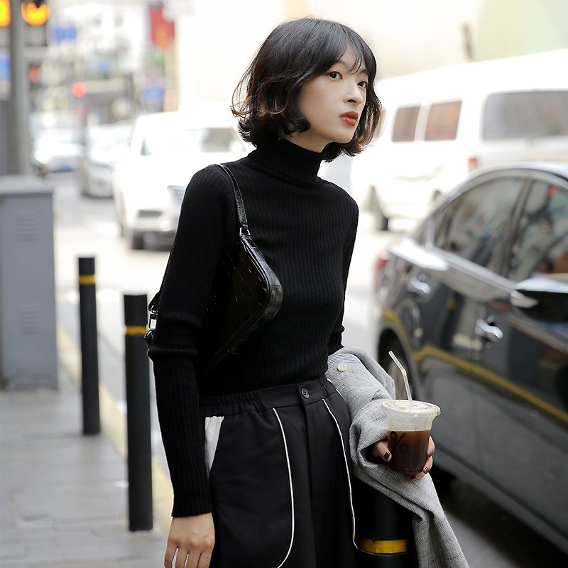 High-neck wool bottoming shirt-black|bottom shirt|autumn|sheep wool|Sora-362 - Women's Sweaters - Wool Black