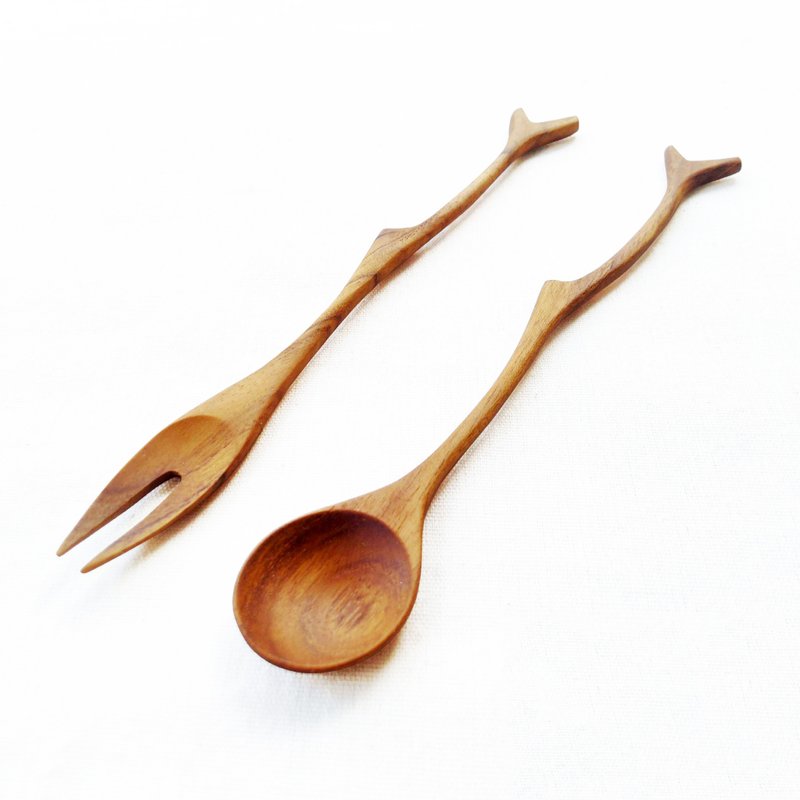 Kouprey Natural Brown Teak Wooden Cocktail Bar Twig Handle Fork Spoon Set - 刀叉/湯匙/餐具組 - 木頭 咖啡色