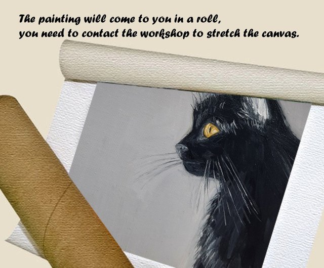 黒猫の油絵 ペットの肖像画の油絵 猫のオリジナル絵画 黒貓油畫