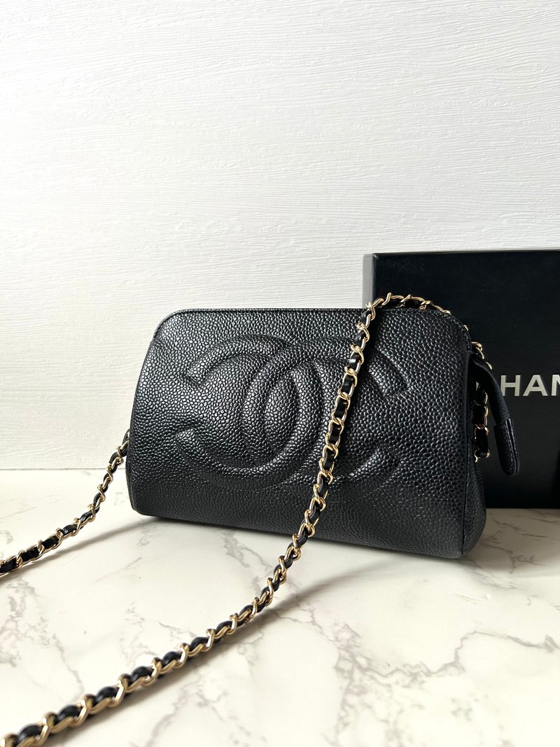 【LA LUNE】中古Chanel黑色魚子醬皮革手袋側斜孭背長夾單肩小包 - 側背包/斜背包 - 真皮 黑色