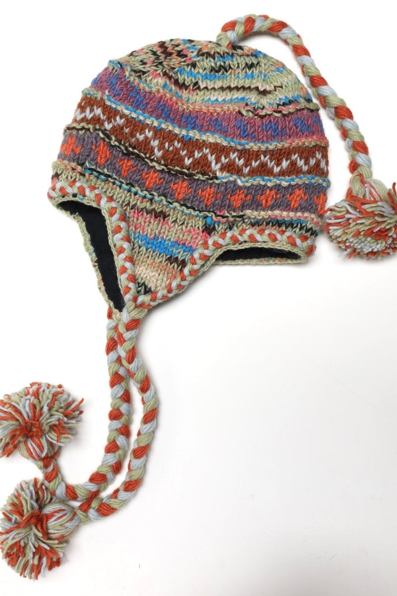 民族風豆綠橘長辮子帽純羊毛線手工編織全襯防風毛帽子護耳帽保暖 - 帽子 - 羊毛 卡其色