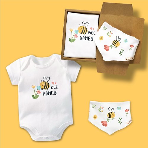 孩子陪你趣味童裝製造所 BEE哈尼小蜜蜂 短袖包屁衣 三角巾禮盒 嬰兒 彌月 滿月 禮物 春