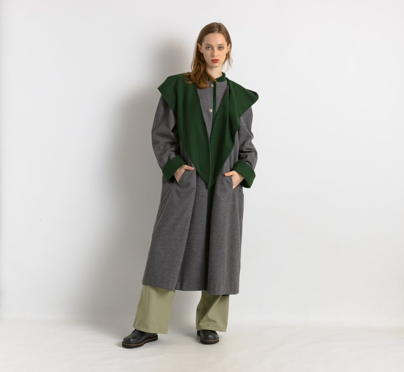 100% Wool Tyrol Bavarian Long Sleeve Grey Midi Buttons Up Long Style Coat 7482 - 女大衣/外套 - 羊毛 灰色