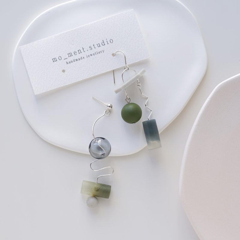 Farah original design handmade soft clay geometric line glass bead pendant 925 sterling silver earrings - ต่างหู - ดินเผา สีเขียว