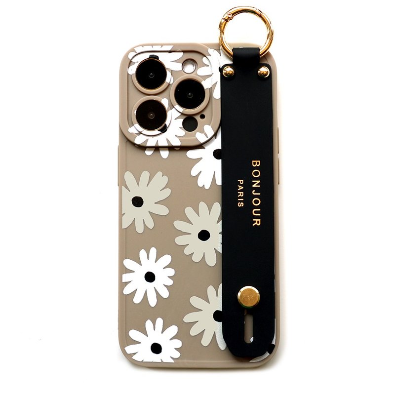 iPhone15/14/13/12 Paris Series-Coffee Daisy Hand Strap Phone Case - Phone Cases - Plastic Khaki