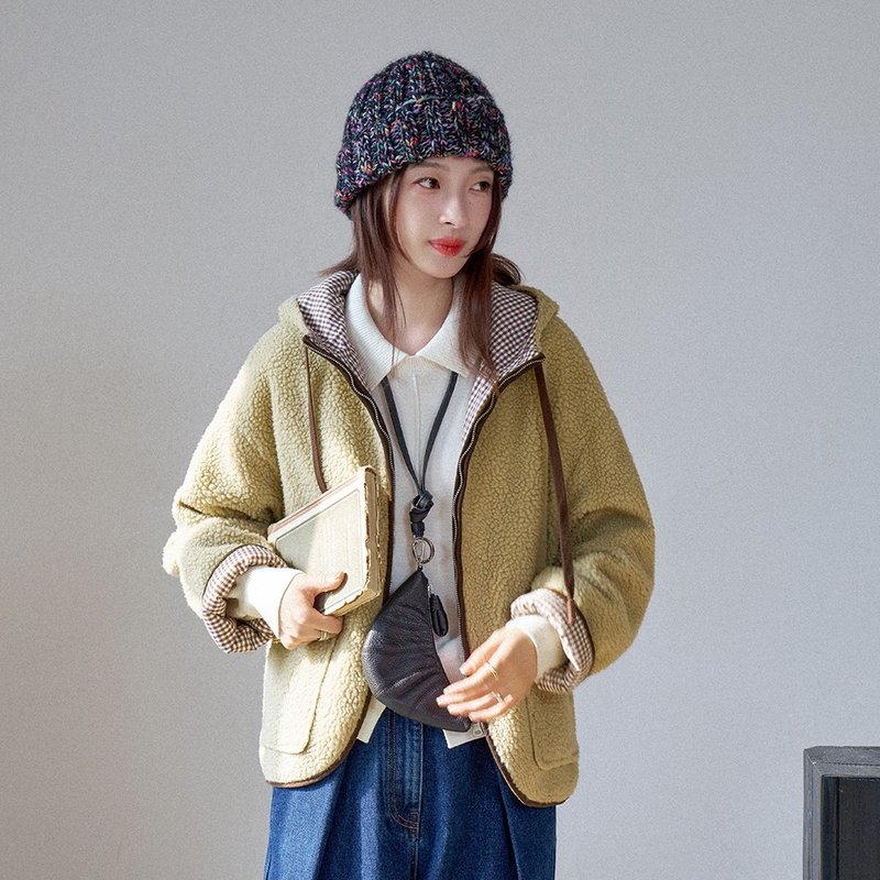 Reversible hooded lambswool coat|Coat|Two colors|Autumn style|Sora-1637 - เสื้อแจ็คเก็ต - ผ้าฝ้าย/ผ้าลินิน หลากหลายสี