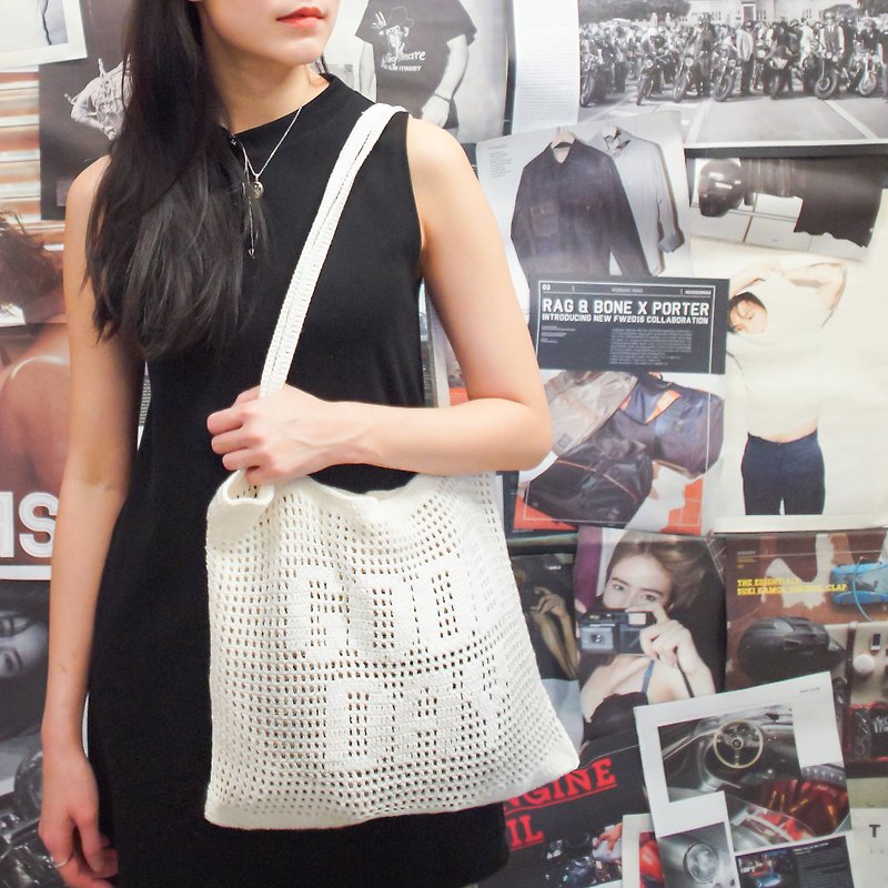 Crochet Quote Tote Bag | "Good day" in Cool White - Handbags & Totes - Other Materials White