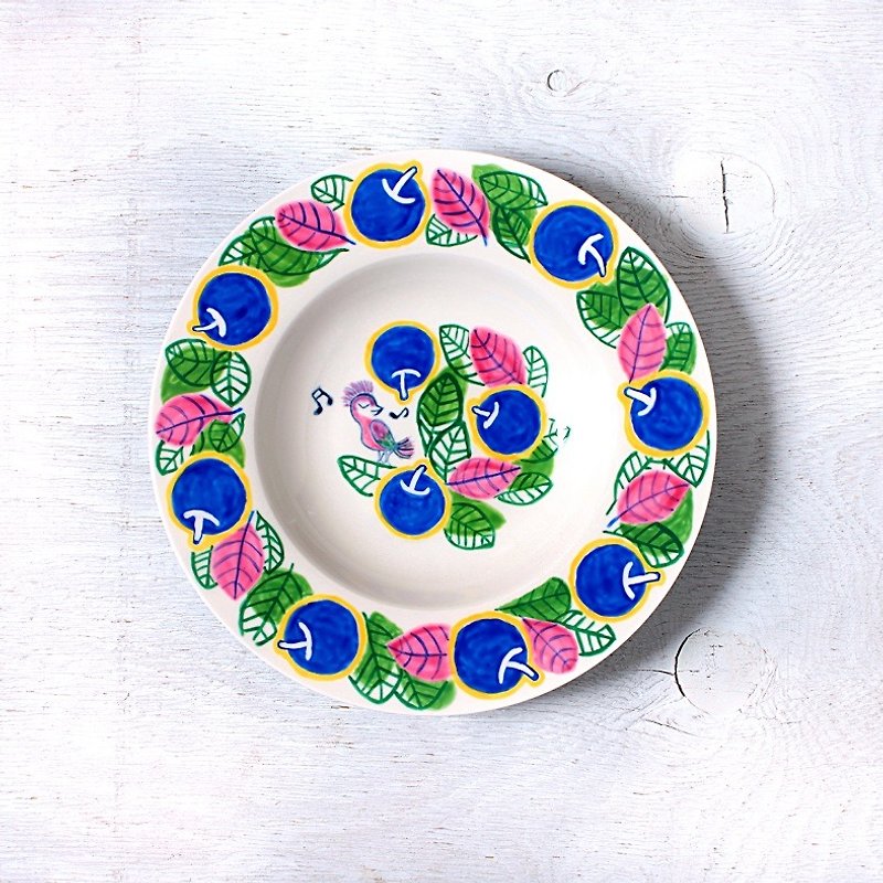 Apple, leaf and singing bird, blue pasta plate - Small Plates & Saucers - Porcelain Blue