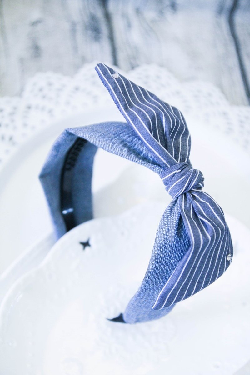 Tannin Striped Rabbit Bows Hairband - เครื่องประดับผม - ผ้าฝ้าย/ผ้าลินิน สีน้ำเงิน