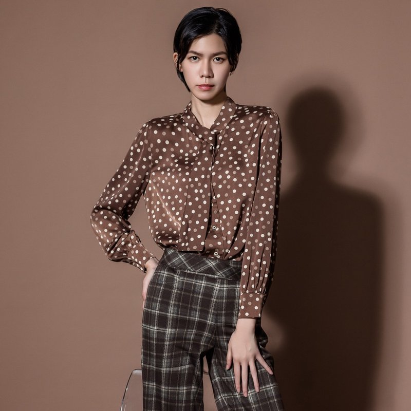 【MEDUSA】Brown Polka Dots Scarf Chiffon Shirt - Women's Tops - Polyester Brown