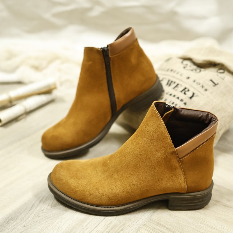 Waterproof short boots Taiwan handmade women's shoes wide last boots women's leather shoes strap-free boots large size boots - beige - Women's Booties - Genuine Leather Brown