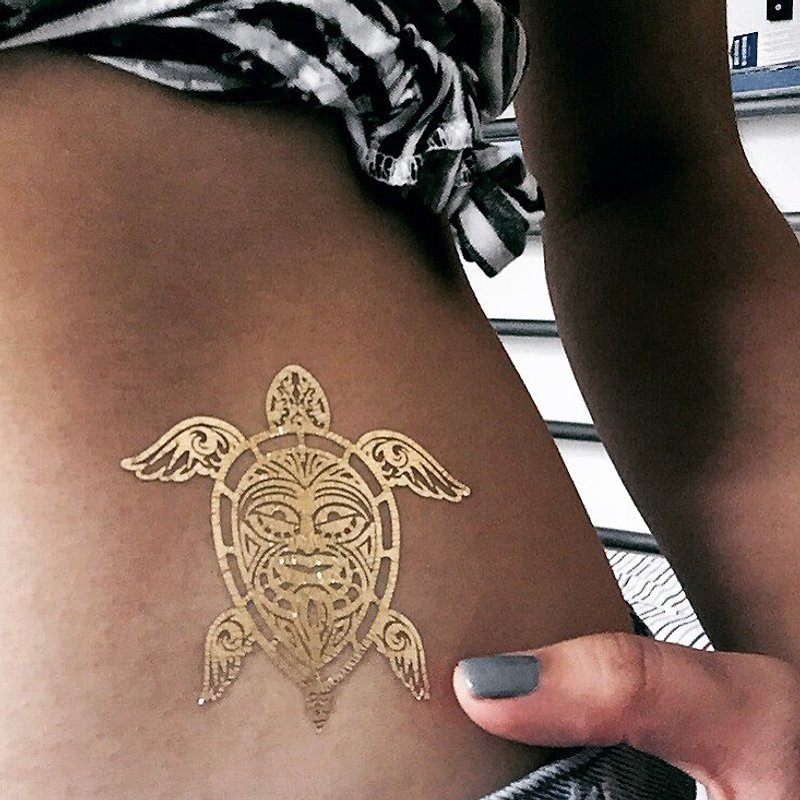 Metallic Gold Sea Turtle Temporary Fake Tattoo Sticker (Set of 2) - OhMyTat - Temporary Tattoos - Paper Gold
