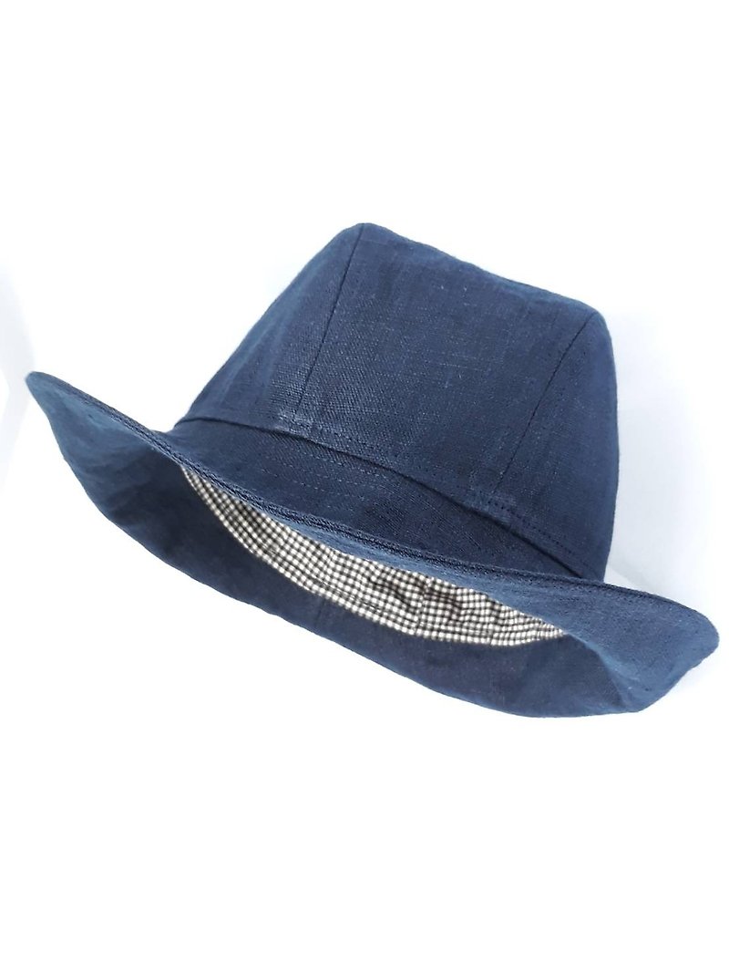 Navy dark blue linen gentleman's hat (Fedora) - หมวก - ผ้าฝ้าย/ผ้าลินิน สีน้ำเงิน