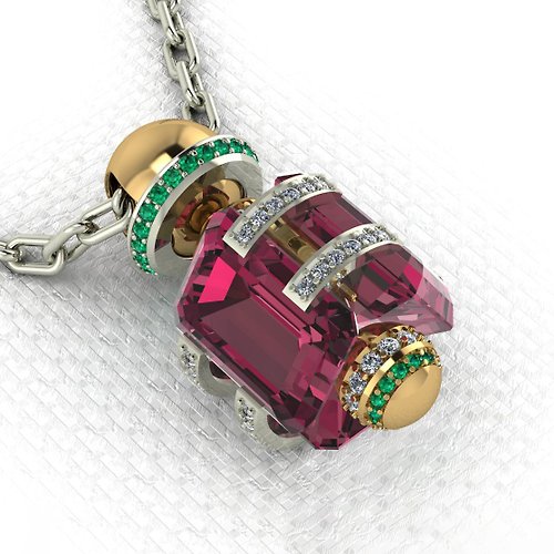 Helennar's Jewelry Studio 3D model of a pendant with three 10ct emerald-cut gemstones and 97 diamonds.