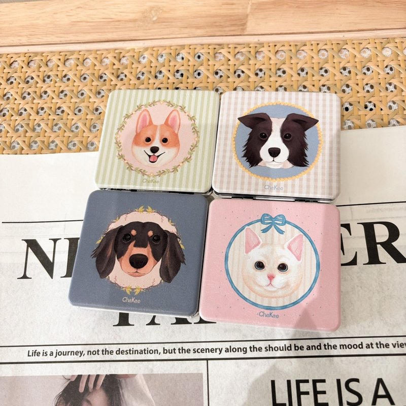 大頭系列 皮革雙面鏡 黑色臘腸/白貓/科基/邊境牧羊犬黑色臘腸 - 其他 - 其他金屬 卡其色