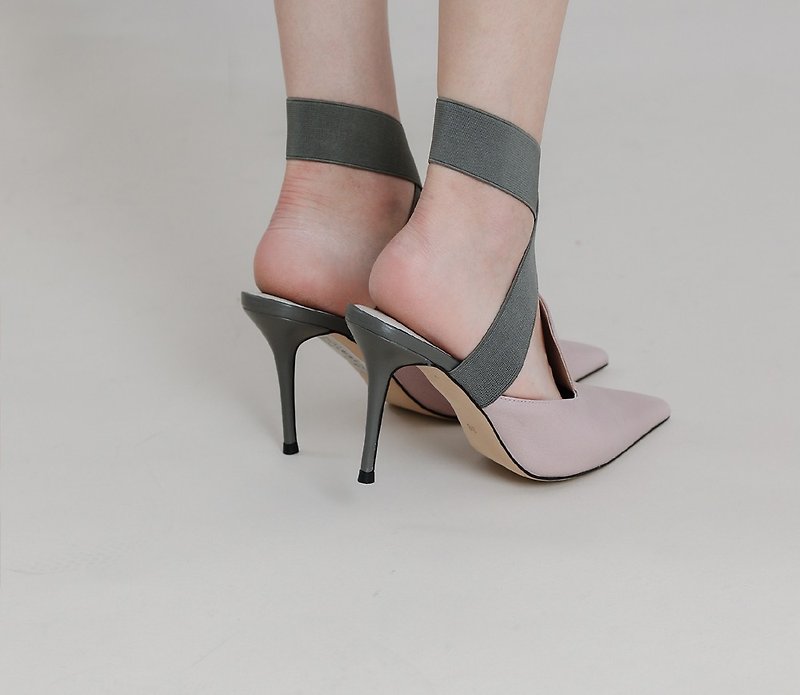 Broad-faced bandage led high-heeled sandal gray powder - Sandals - Genuine Leather Pink
