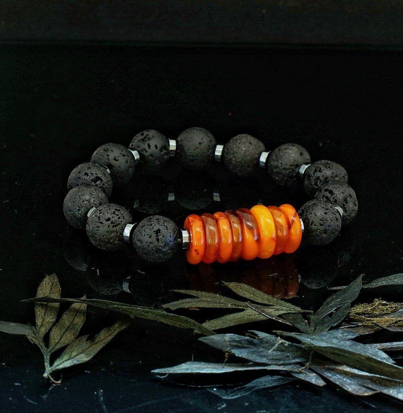 火山石老蜜蠟 12mm 手鍊 ( Lava Stone Amber Bracelet ) - 手鍊/手環 - 玉石 