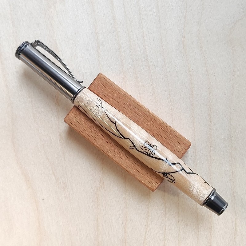 In stock - German SCHMIDT pull-out wood ballpoint pen / maple - hand-painted plum blossom style - Rollerball Pens - Wood Khaki