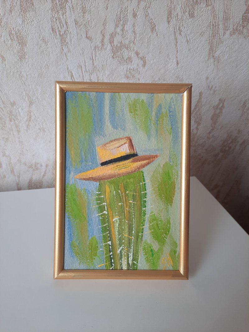 Cactus oil painting Cactus hat art - โปสเตอร์ - ไม้ สีเขียว