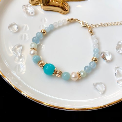 Card Jewelry 湖泊—天河石 珍珠 葡萄石 海藍寶 月亮石 14k包金手鍊 天然水晶