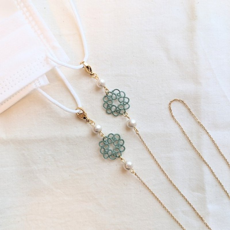 [With glasses parts] [Hypoallergenic] Tatting lace and cotton pearl strap, green - เชือก/สายคล้อง - ผ้าฝ้าย/ผ้าลินิน สีเขียว