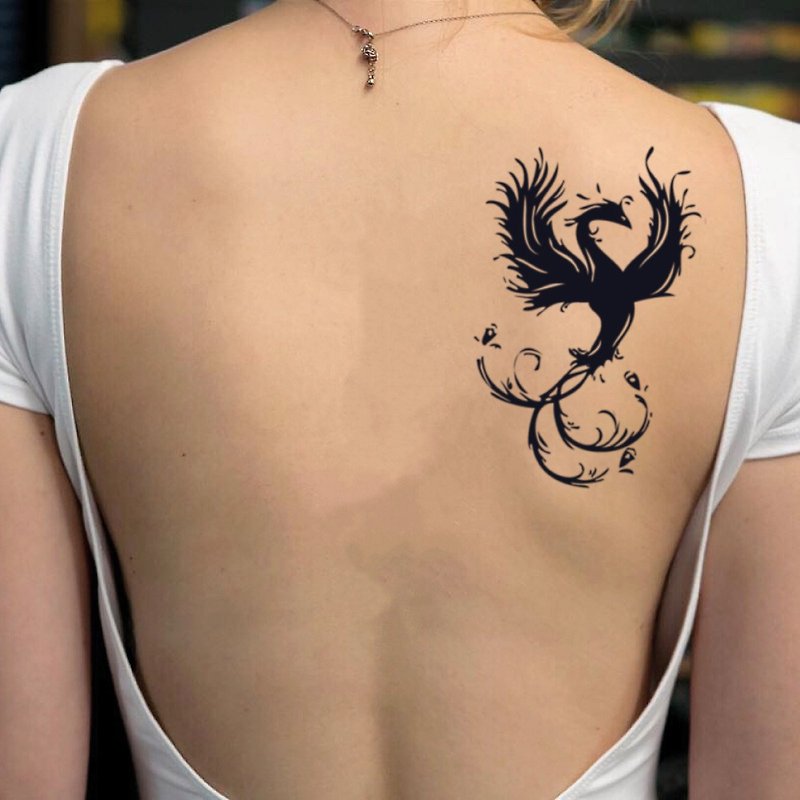 OhMyTat 火鳳凰鳥 Phoenix 刺青圖案紋身貼紙 (2 張) - 紋身貼紙/刺青貼紙 - 紙 黑色