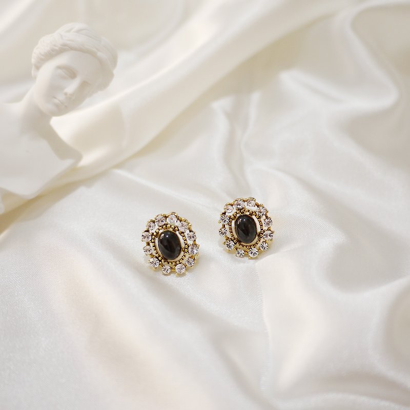European vintage black agate earrings - ต่างหู - โลหะ สีดำ