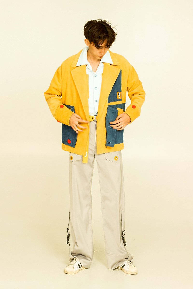 UF9193 獨立設計趣味刺繡撞色燈芯絨西裝領拉鏈短款外套 秀場款 - 男夾克/外套 - 棉．麻 橘色