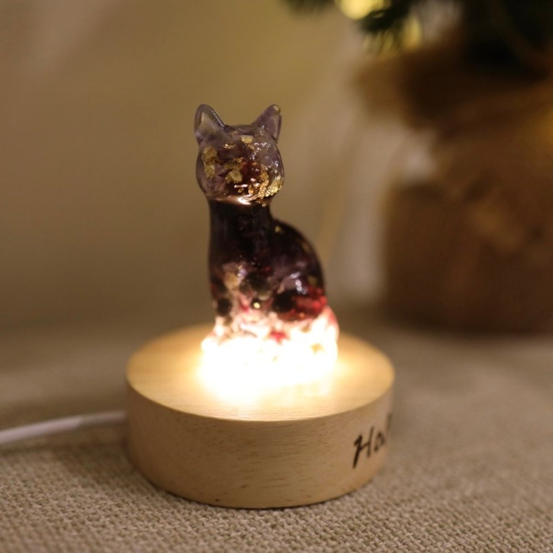 [Customized Gift] Gradient Purple Black Kitten Wisdom Amethyst Luck Night Lamp - Good Luck Ore for Wealth - โคมไฟ - คริสตัล สีม่วง