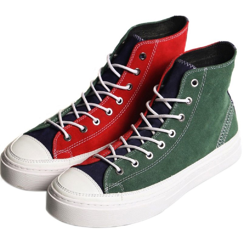 Handmade leather retro color matching high top couple shoes - รองเท้าลำลองผู้ชาย - ผ้าฝ้าย/ผ้าลินิน หลากหลายสี