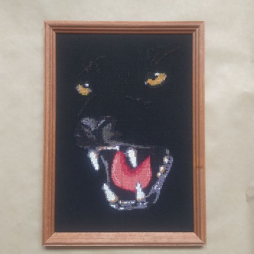 RomanovaCrossStitch Panther Portrait, Finished Cross Stitch, Wild cat Art