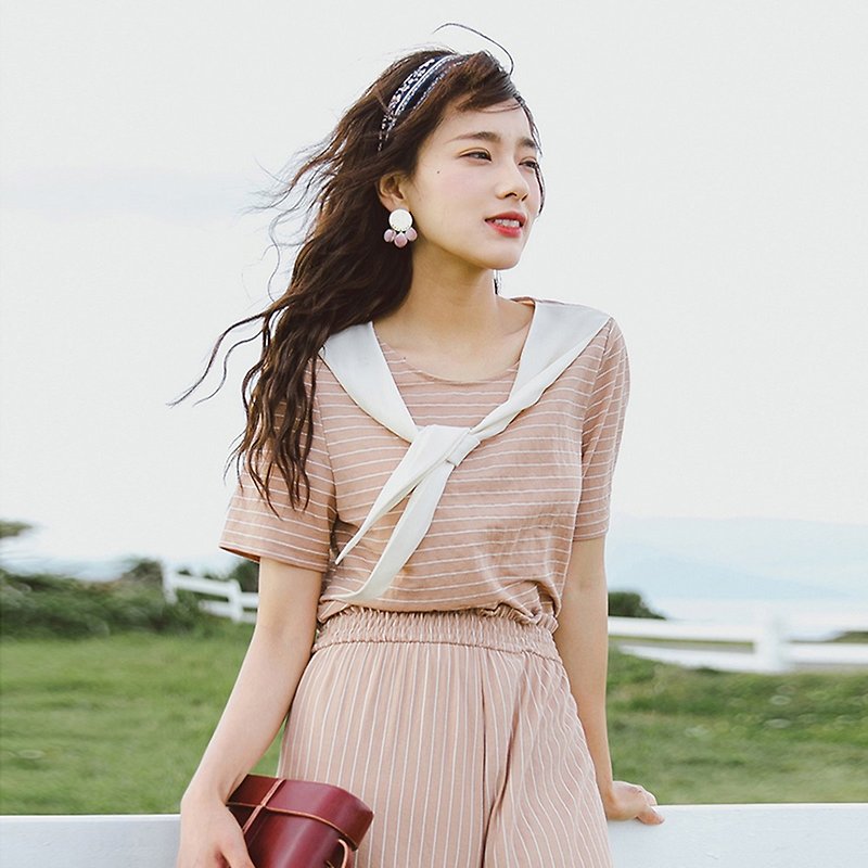 [Summer Pack Specials]Annie Chen 2018 Summer New Contrast Ribbon Ribbon T-Shirt YMX8224 - เสื้อยืดผู้หญิง - วัสดุอื่นๆ สีนำ้ตาล