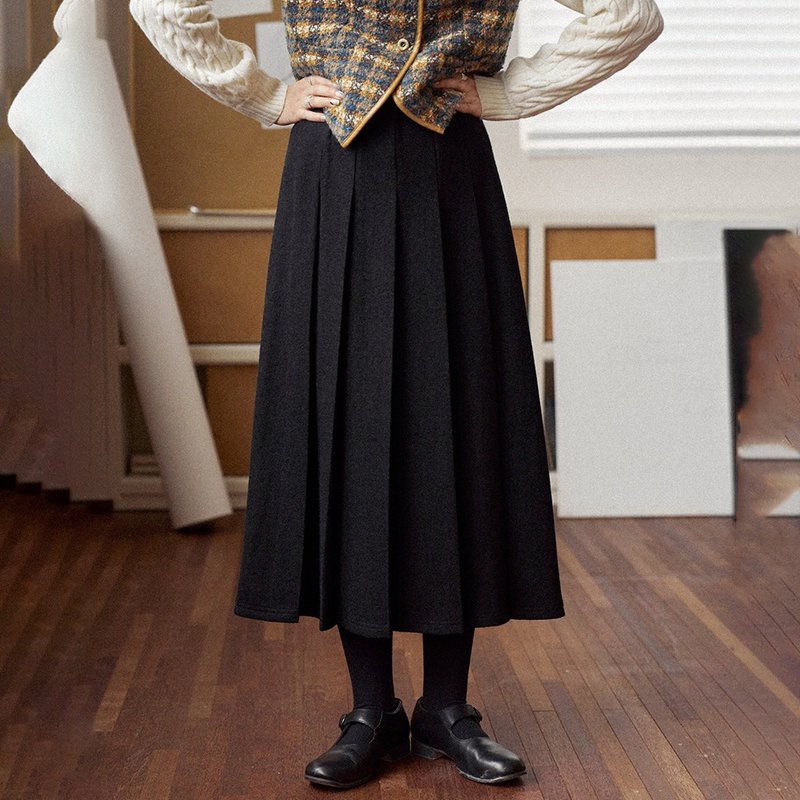 Black fur pleated skirt|skirt|autumn and winter style|Sora-1690 - กระโปรง - ขนแกะ สีดำ