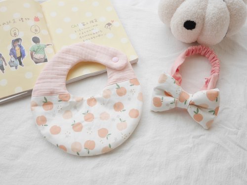 Pon Baby。愛手作。 六重紗口水巾+立體蝴蝶結髮帶 彌月禮盒 水蜜桃款