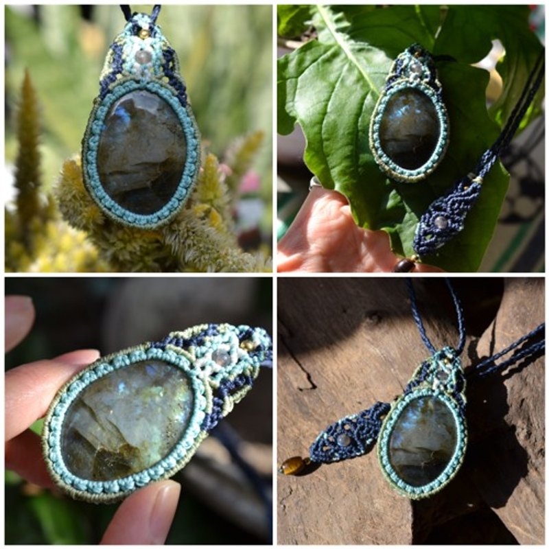 Blue Spotted Labradorite Macrame Pendant labb008 - สร้อยคอ - หิน สีน้ำเงิน