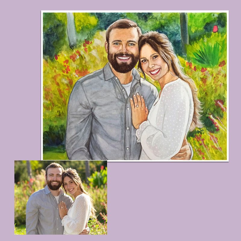リアルな個人のポートレート、合成写真からの水彩画 結婚祝い - 似顔絵 - 紙 多色