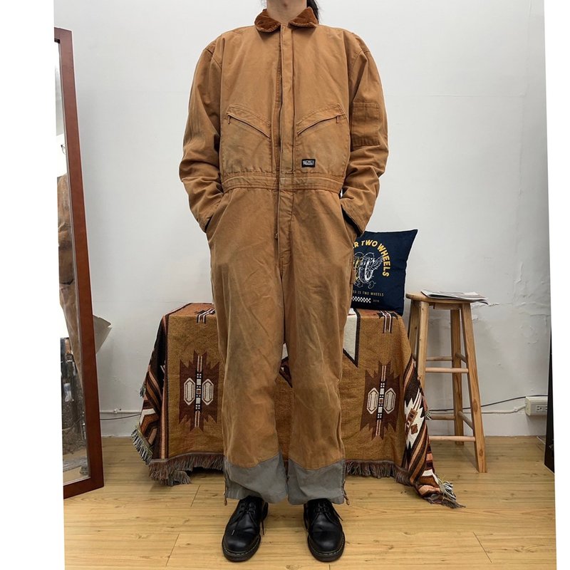 WALLS Khaki jumpsuit vintage coveralls lining cotton corduroy collar contrasting colors - กางเกงขายาว - ผ้าฝ้าย/ผ้าลินิน สีกากี