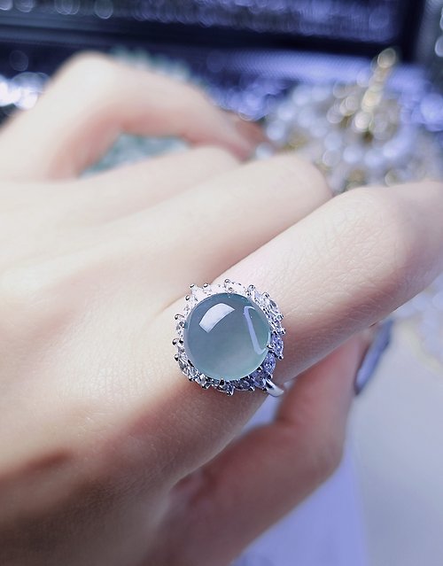 Luien路安翡翠 福利|高貴夢幻藍|a貨翡翠冰藍膠大蛋面10.9mm純銀鍍18k精緻戒指