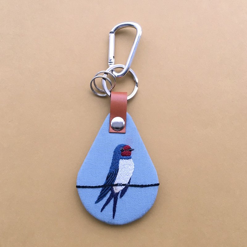 Swallow hand embroidery key chain (Light blue) - Keychains - Thread Blue