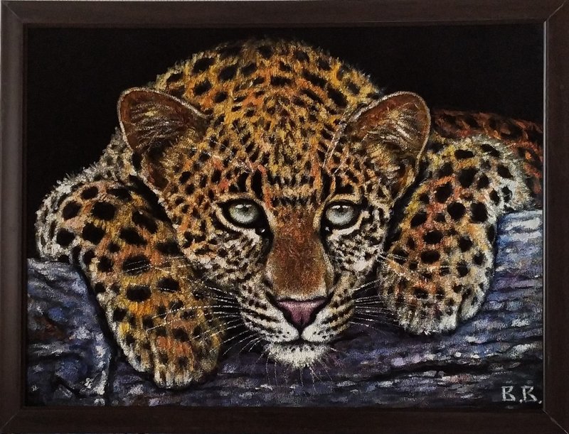 Leopard Painting Original Art Animal Home Decor Big Cat Framed 30x40 cm - ตกแต่งผนัง - ผ้าฝ้าย/ผ้าลินิน สีดำ