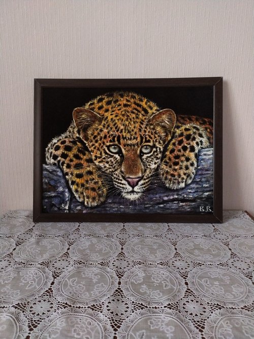 ヒョウの絵オリジナルアート動物の家の装飾大きな猫の額装30x40cm